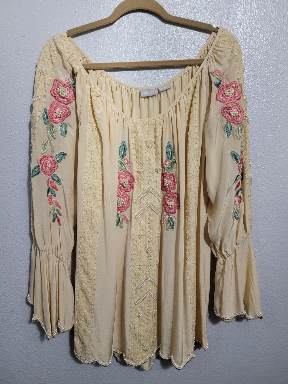 eshakti 100% Silk Cream Boho Embroidered Peasant Tunic with Pink Floral Accents